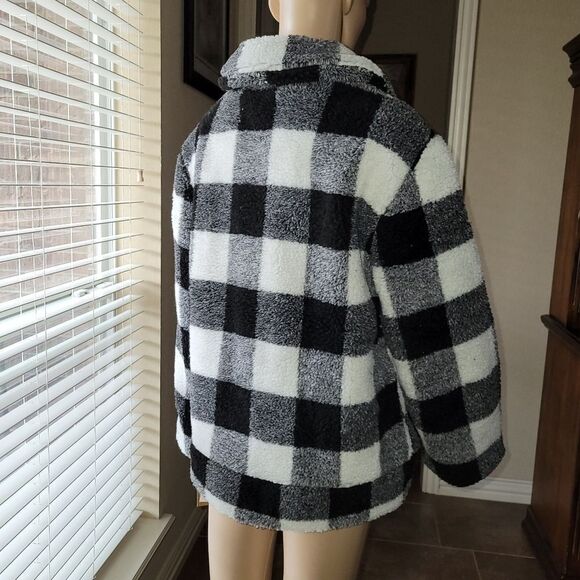 New Steve Madden Black & White Buffalo Plaid Fleece Zip-Up Women's Jacket - Picture 10 of 12